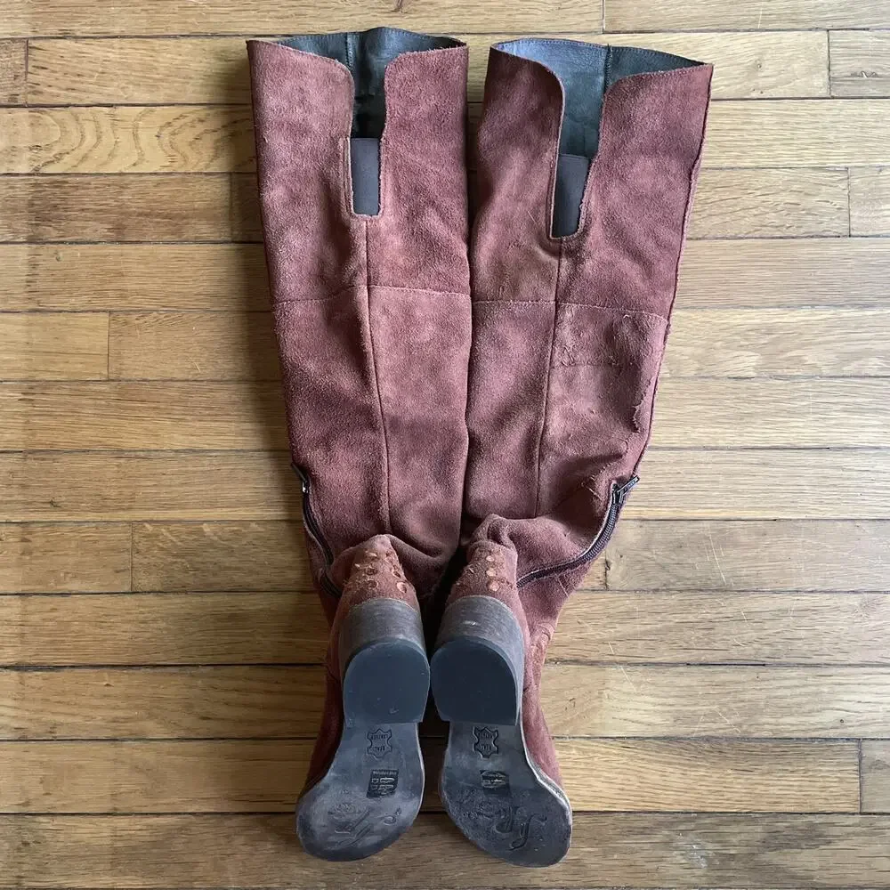 Free People Brown High Noon Suede Embroidered Over Knee Boots Sz EU 37/US 6.5